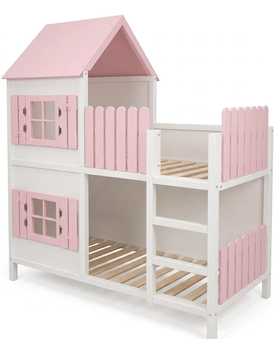 Pembe detaylı ahşap çift katlı yatak